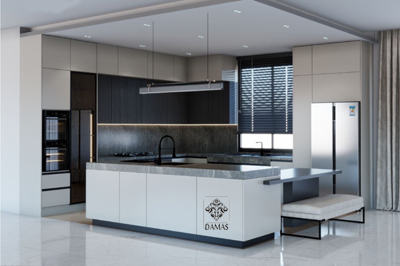کابینت مدرن همراه با جزیره و میز صبحانه خوری