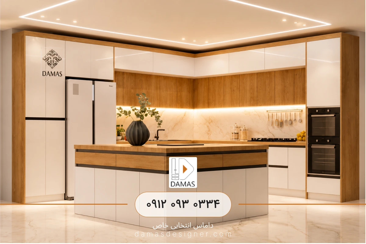 کابینت آشپزخانه مدرن L شکل با جزیره به ترکیب رنگ سفید و چوب