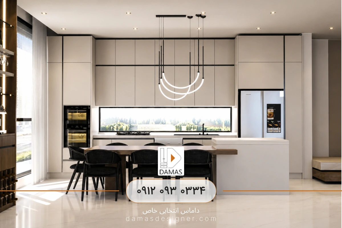 طراحی و اجرای کابینت مدرن استخوانی با جزیره در شهسوار