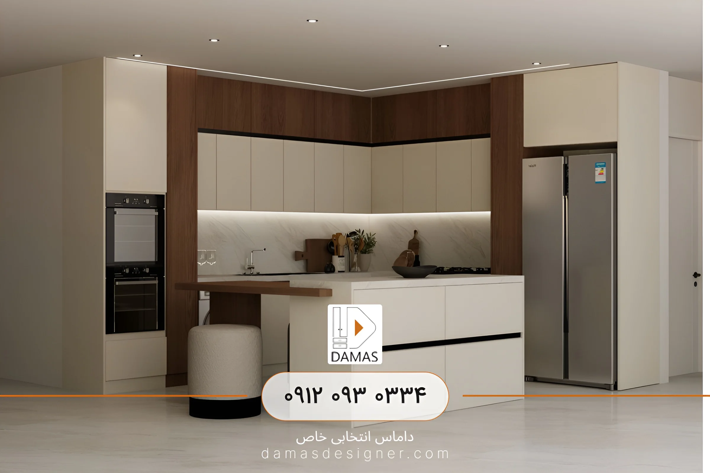 کابینت مدرن گریژ و طرح چوب با جزیره