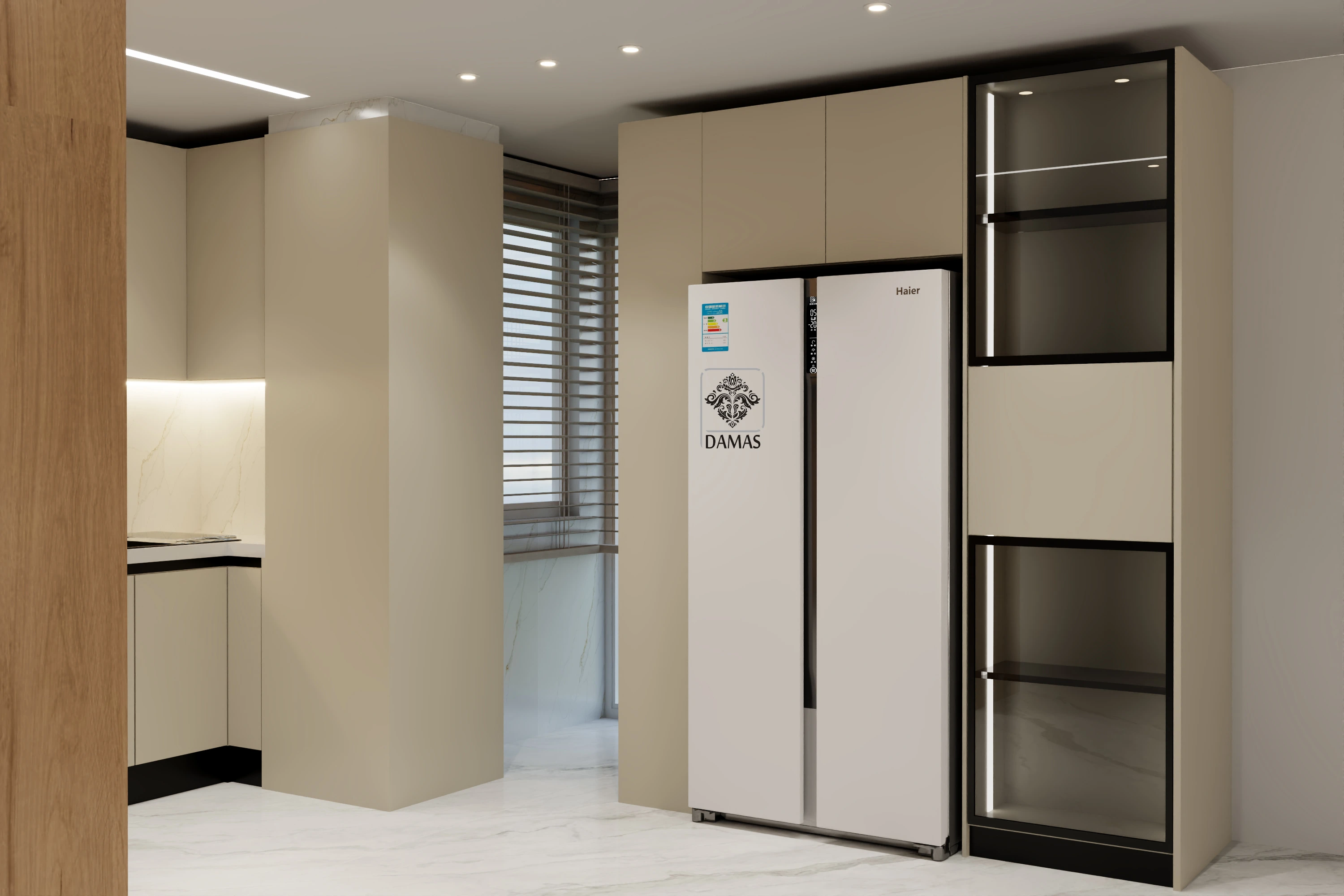 کابینت مدرن دورنگ طرح چوب و سفید